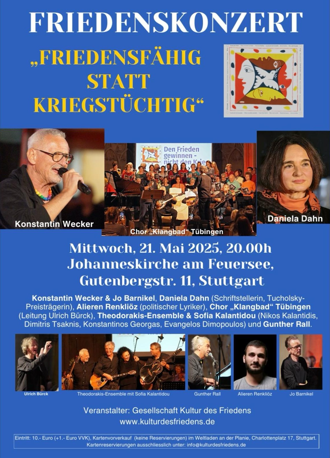 Flyer Friedenskonzert am 21. Mai 2025 um 20 Uhr in der Johanneskirche am Feuersee, Stuttgart